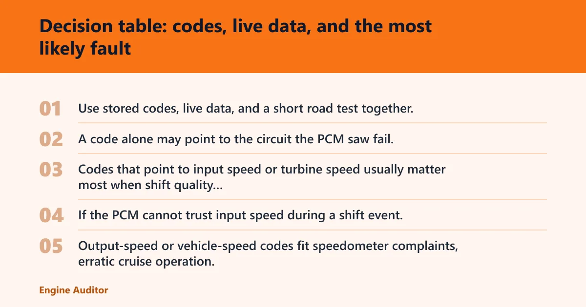 Steps: Decision table: codes, live data, and the most likely fault