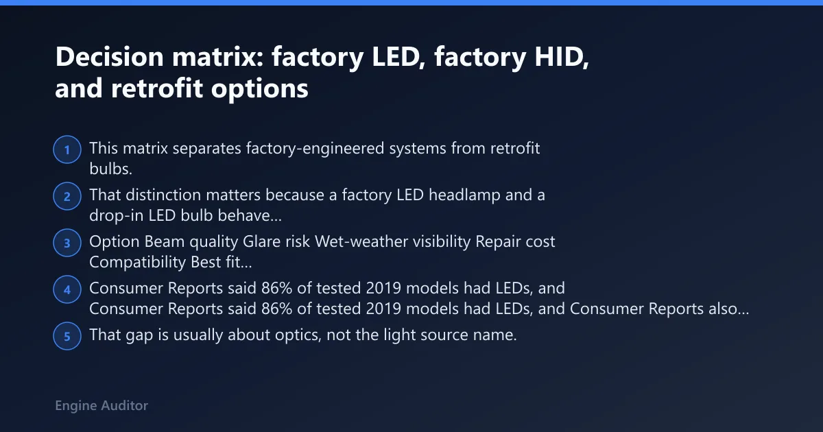 Steps: Decision matrix: factory LED, factory HID, and retrofit options