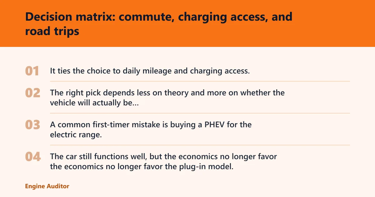 Steps: Decision matrix: commute, charging access, and road trips