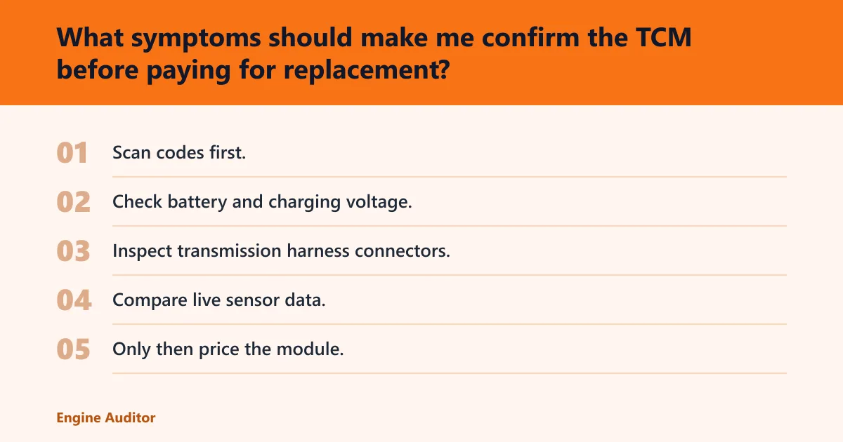 Steps: What symptoms should make me confirm the TCM before paying for replacement?