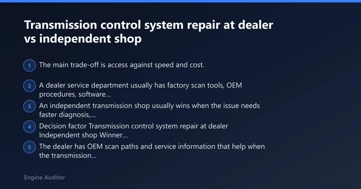 Steps: Transmission control system repair at dealer vs independent shop