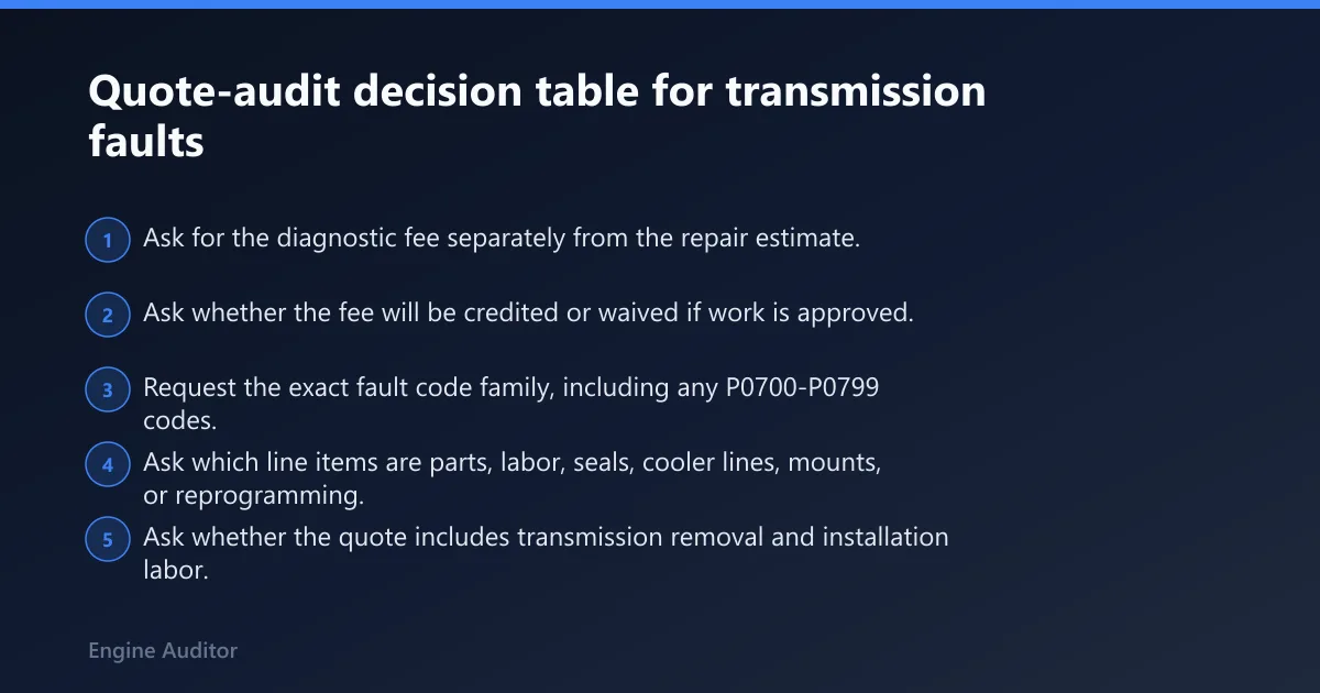 Steps: Quote-audit decision table for transmission faults