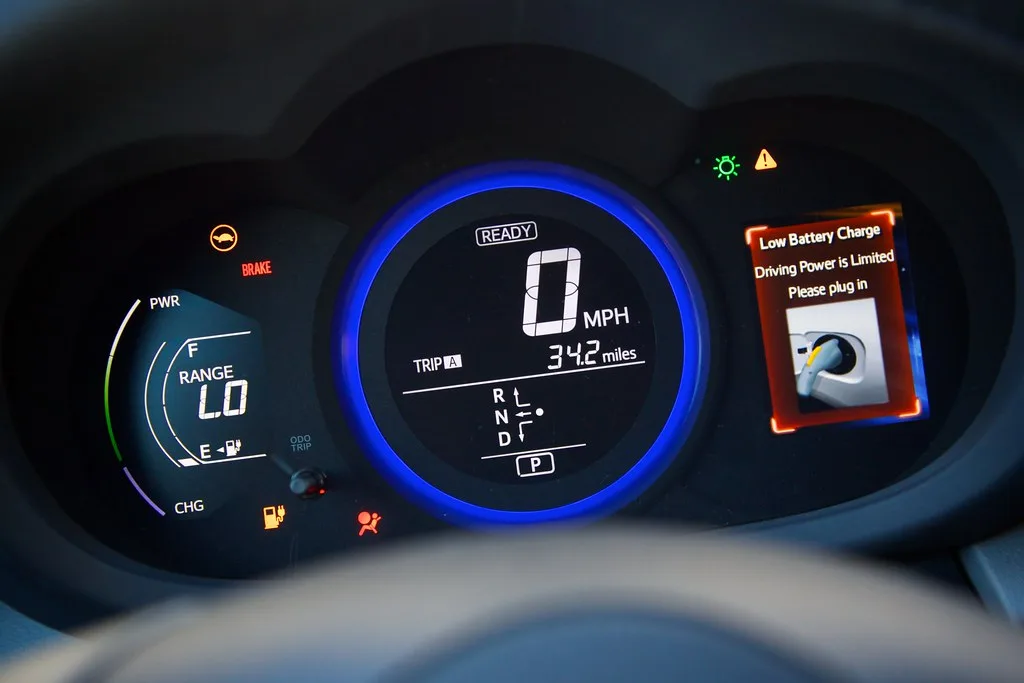 Concerned driver watching a transmission warning light on a car dashboard