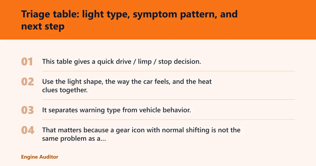 Steps: Triage table: light type, symptom pattern, and next step