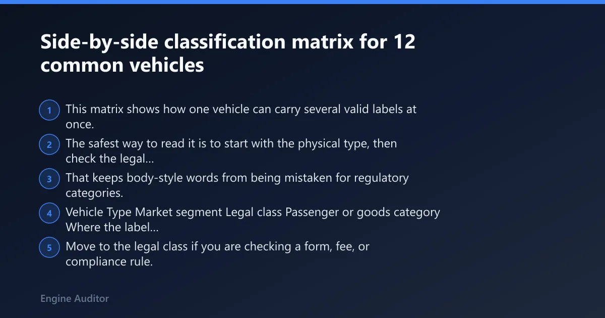 Steps: Side-by-side classification matrix for 12 common vehicles