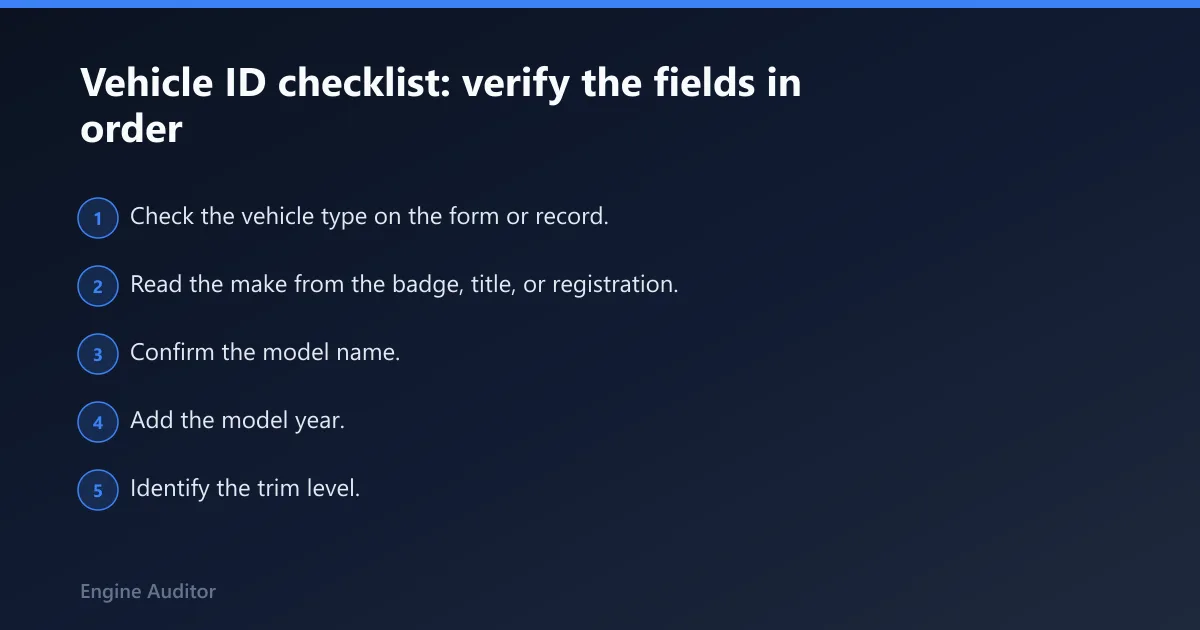 Steps: Vehicle ID checklist: verify the fields in order