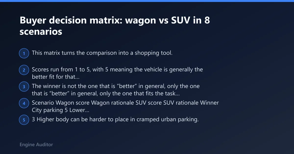Steps: Buyer decision matrix: wagon vs SUV in 8 scenarios