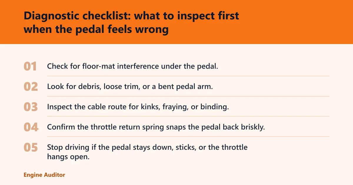 Steps: Diagnostic checklist: what to inspect first when the pedal feels wrong