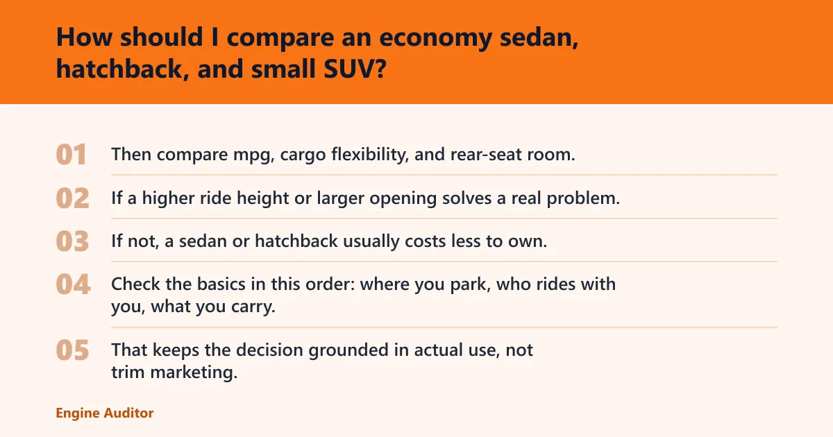 Steps: How should I compare an economy sedan, hatchback, and small SUV?