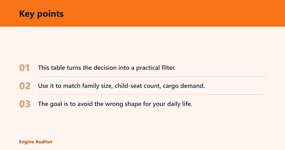 Key points: Family vehicle decision matrix
